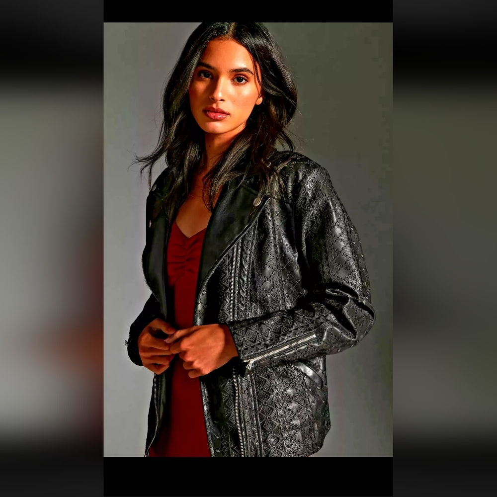 Anthropologie Faux Leather Jacket cut out designs nwt Small - Picture 1 of 5